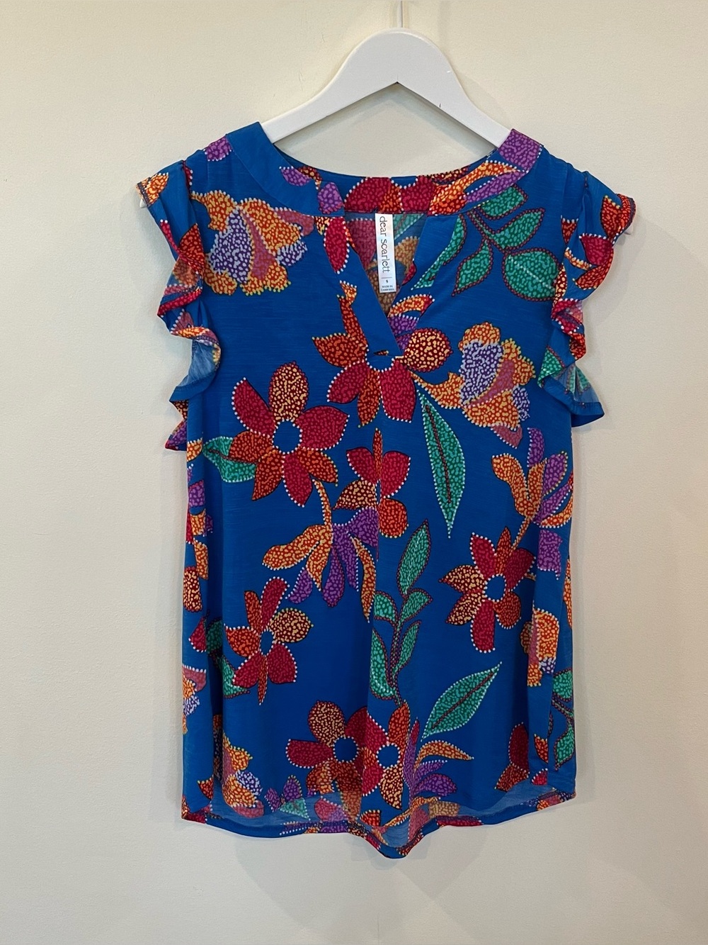 Dear Scarlett Blue Floral Ruffle Sleeve V-Neck Pullover Blouse Womens Small